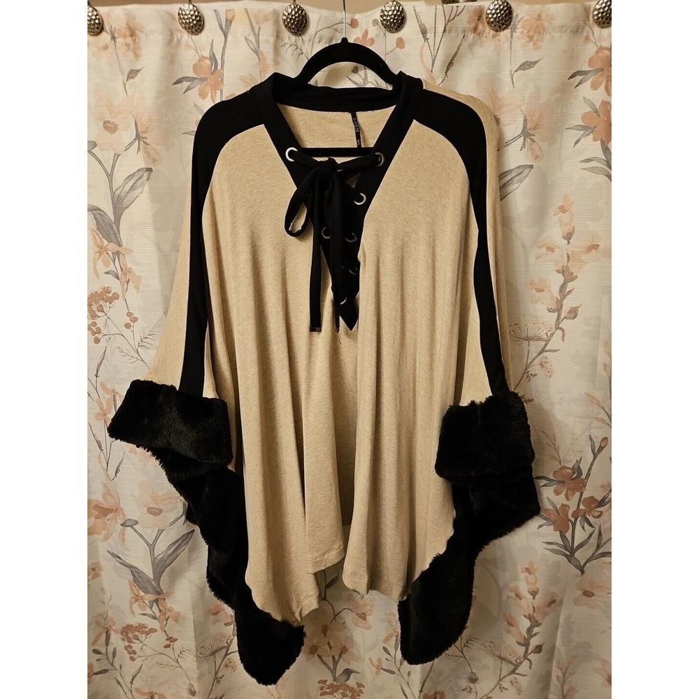 Capote Poncho Cape Faux Fur Lace Up Neck Tan Black  Sz M/L